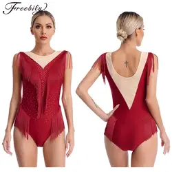 Womens Ballet Dance Leotard Figure Skating Gymnastics Latin Cha-cha Tango Samba Dancewear Shiny Rhinestone Mesh Tassel Bodysuit