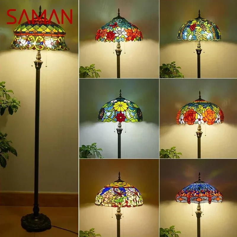 

SAMAN Tiffany Floor Lamp American Retro Living Room Bedroom Lamp Country Stained Glass Floor Lamp