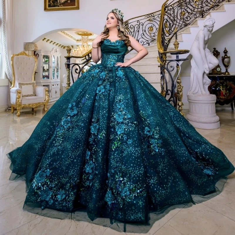 

Glitter Blackish Green Princess Ball Gown Quinceanera Dresses Lace Appliques Crystals Beads Party Sweet 16 Dress Vestidos De 15