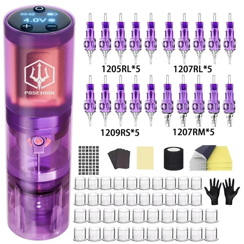 Imagen 2 del producto Kit de tatuaje POSEIDON, Kit de pluma de tatuaje de alta calidad para máquina de tatuaje de maquillaje permanente, nueva fuente de alimentación de tatuaje púrpura, pistola de tatuaje Ki