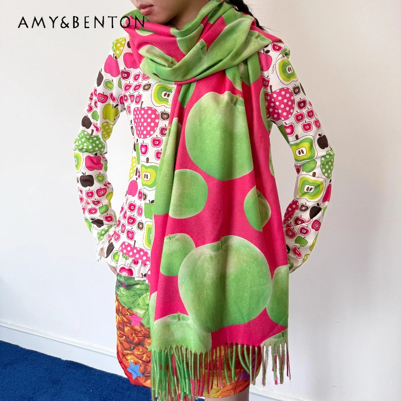 

Original Japanese Design Fruit Print Tassel Women's Shawl 2025 Autumn Winter New Cute Sweet Cool Y2k Versatile Long Scarf Ladies