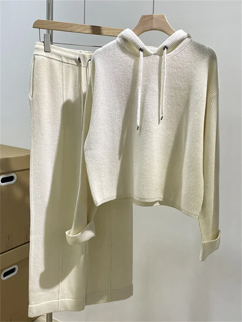 Pullover for Women 2023 New 100% Cashmere Hooded Long-Sleeved Sweater or Elastic Waist Drawstring Loose Straight Pants