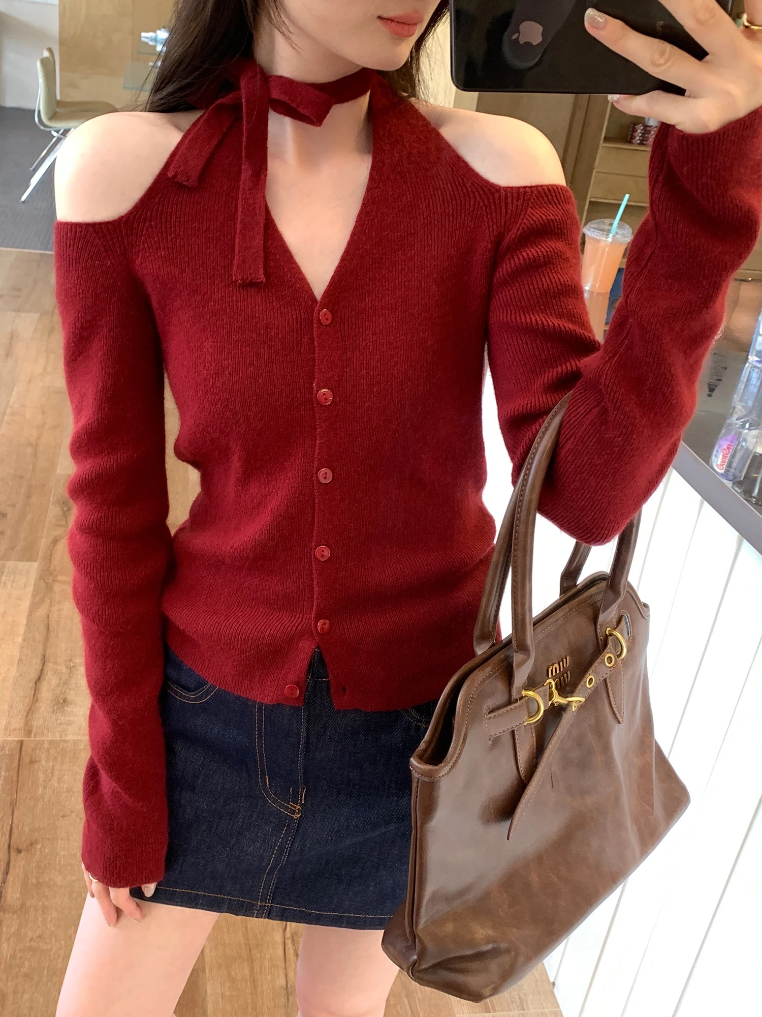 Unique Design Knitted Long Sleeve Shoulder Bared Neck Hanging Women's Korean Style Early Autumn Elegance Top Commute Soft Woo...
