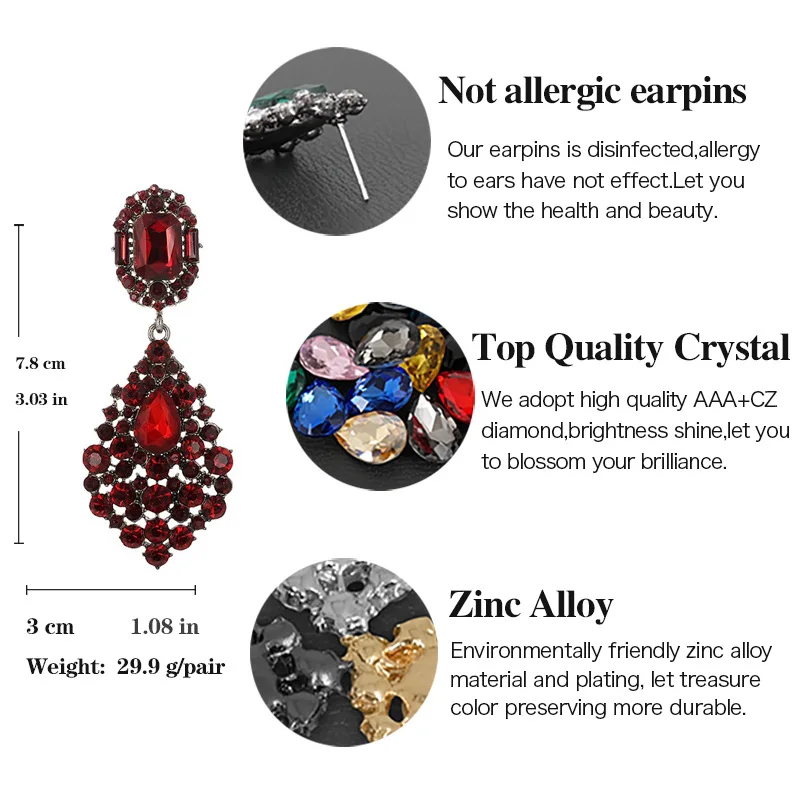 Luxury Jewelry Wholesale Bridesmaid Wedding Accessories Long Gun Black Red Rhinestone Crystal Chandelier Drop Earrings for Women