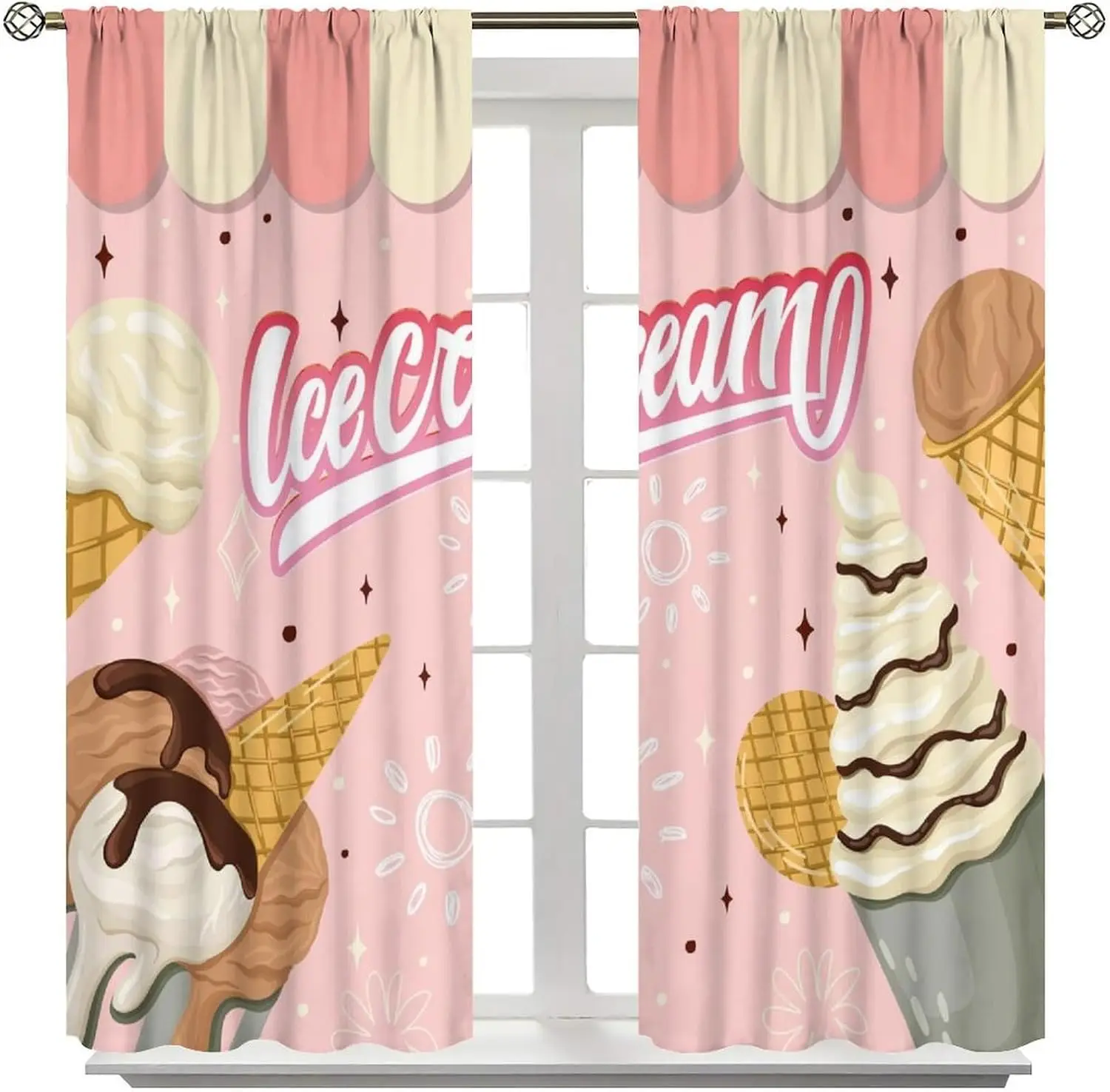 2 Panels Pink Ice Cream Print Curtains Waffle Cone Chocolate Sauce Sparkle Pattern Drapes Sweet Kids Bedroom Window Decor