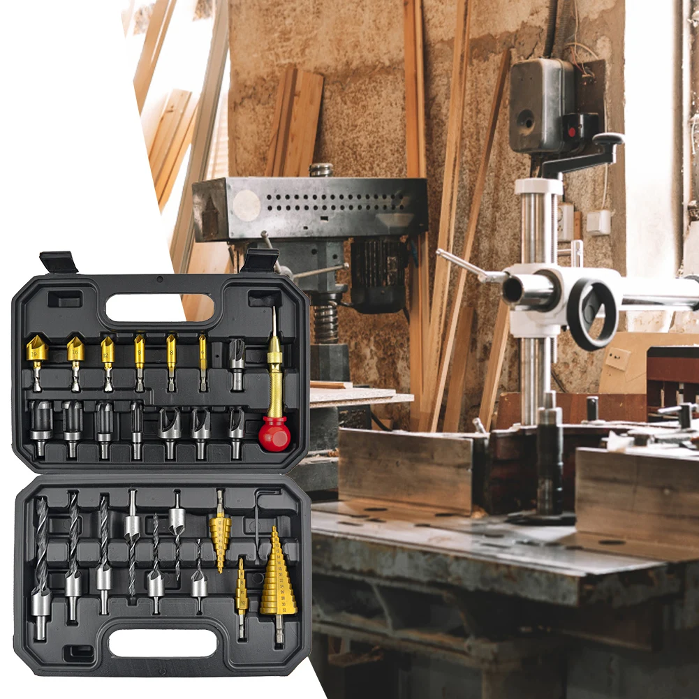 Conjunto de ferramentas de broca de 26 peças, incluindo perfurador central automático, broca escareadora de 3 pontas, cortador de madeira, broca de chanfro