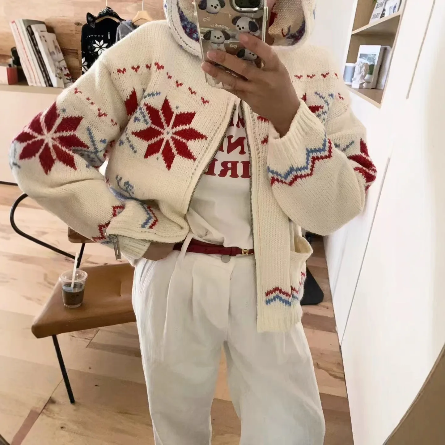 

Cisas снежинка олень вязаный свитер женский Thiened с капюшоном открытый кардиган Island Sle трикотаж верхняя одежда пальто