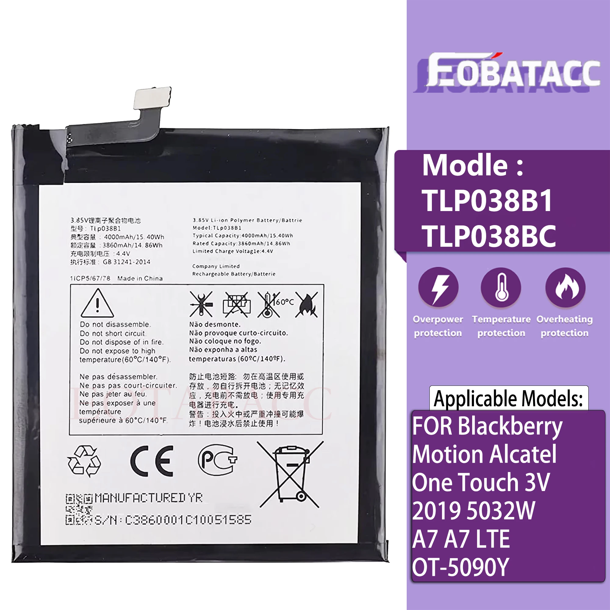 

TLp038B1 TLp038BC Battery FOR Blackberry Motion Alcatel One Touch 3V 2019 5032W A7 A7 LTE OT-5090Y Capacity Batteries