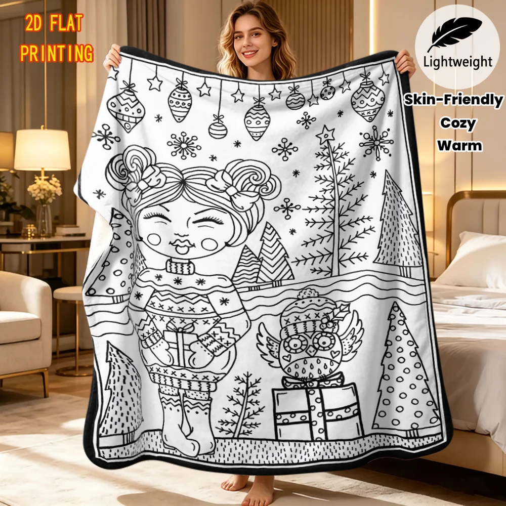 ortable Flannel DIY blanket Christmas Girl Hand Drawn Blanket Warm Throw Blanket for Reading Nook Decor