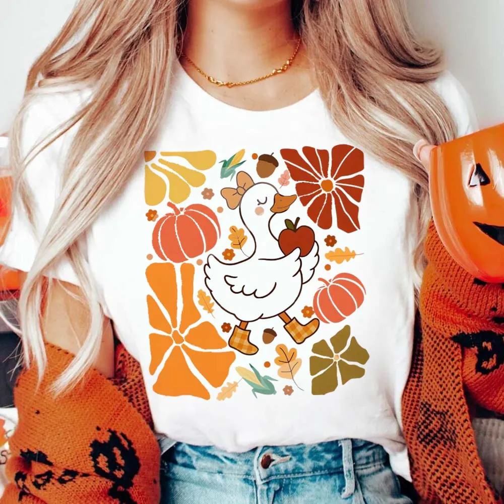

Casual Women's T-Shirt Cute Pumpkin Halloween Goose Pattern Fashion Clothing 90s Printed White Short Sleeved O-Neck T-Shirt