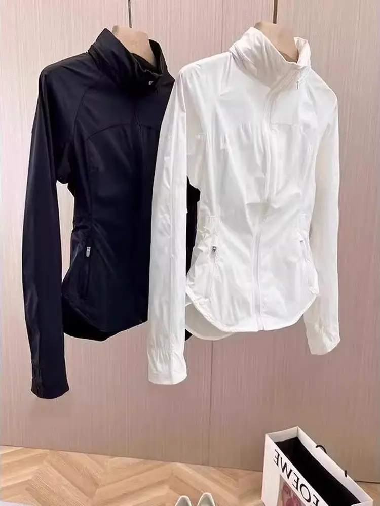 フード付きヨガウェア薄型通気性屋外軽量日焼け防止服女性用ジャケットルーズフィット長袖ジッパー開閉