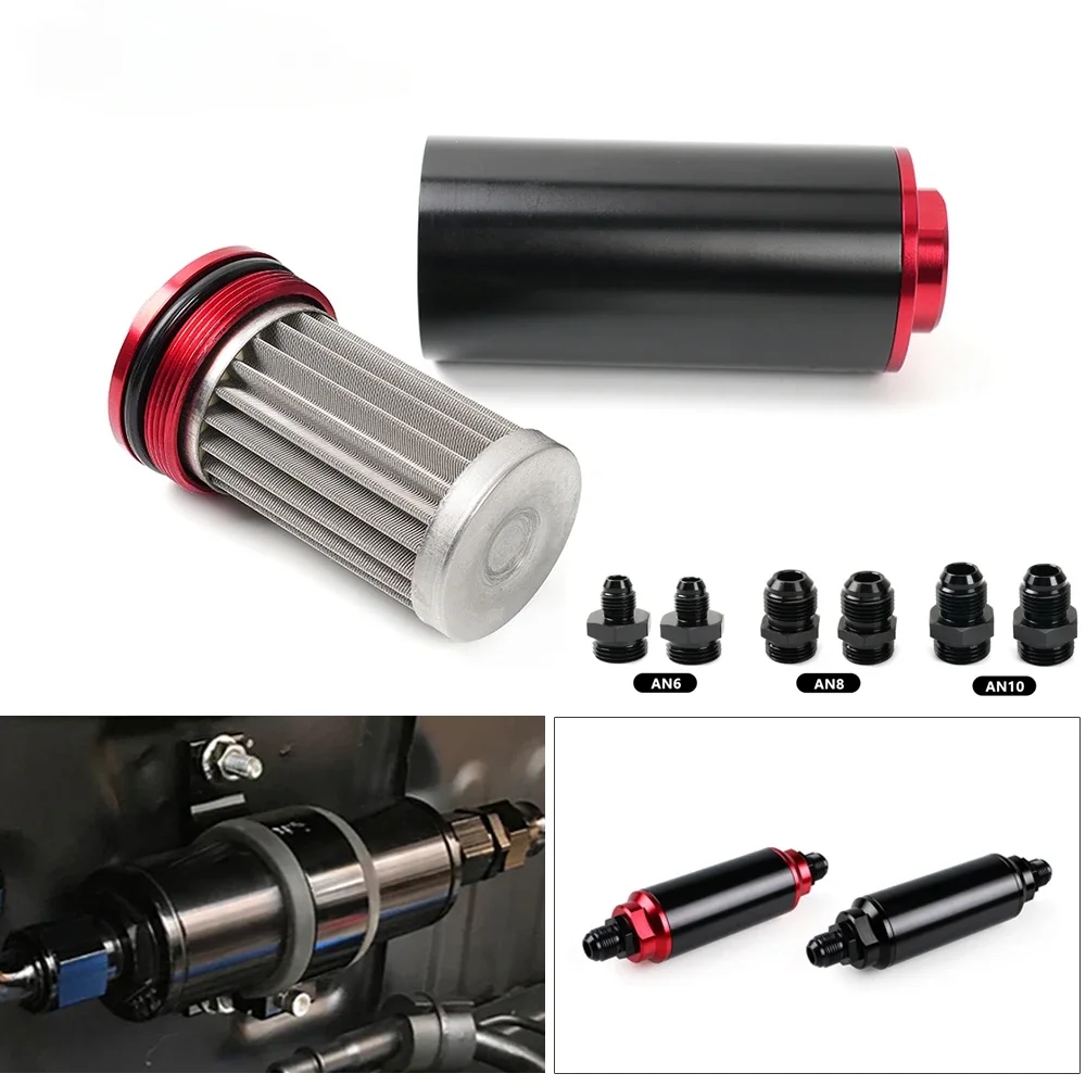 

44MM 60 Micron/ 50MM 100 Micron Racing Inline Fuel Filter Aluminum With Mount with AN10 AN8 AN6 Fittings Adapter RS-FRG014