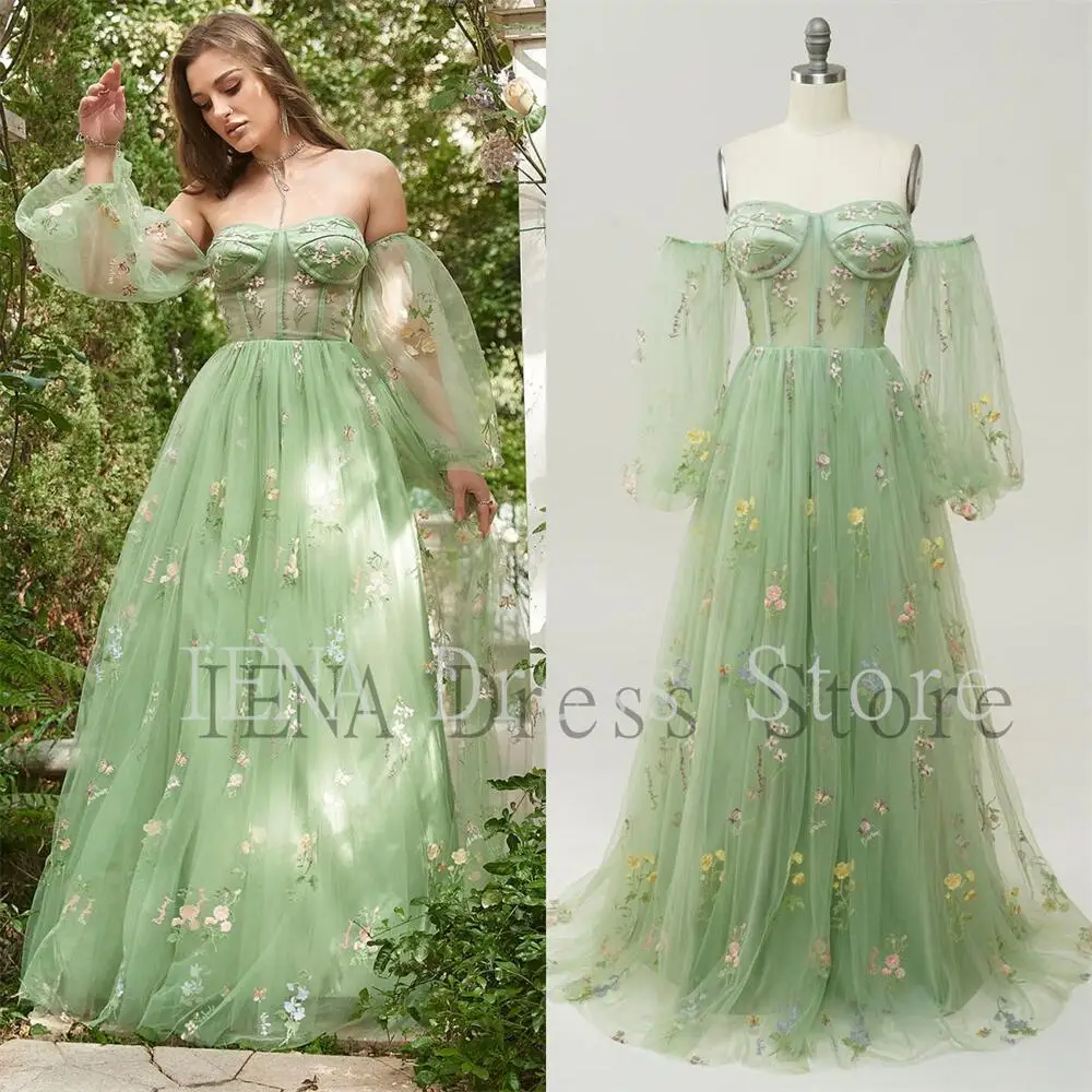 14741#IENA Fairy Sage Green A-Line Evening Dresses Off The Shoulder Bridesmaid Dress With Embroidery Tea Length Party Prom Gown