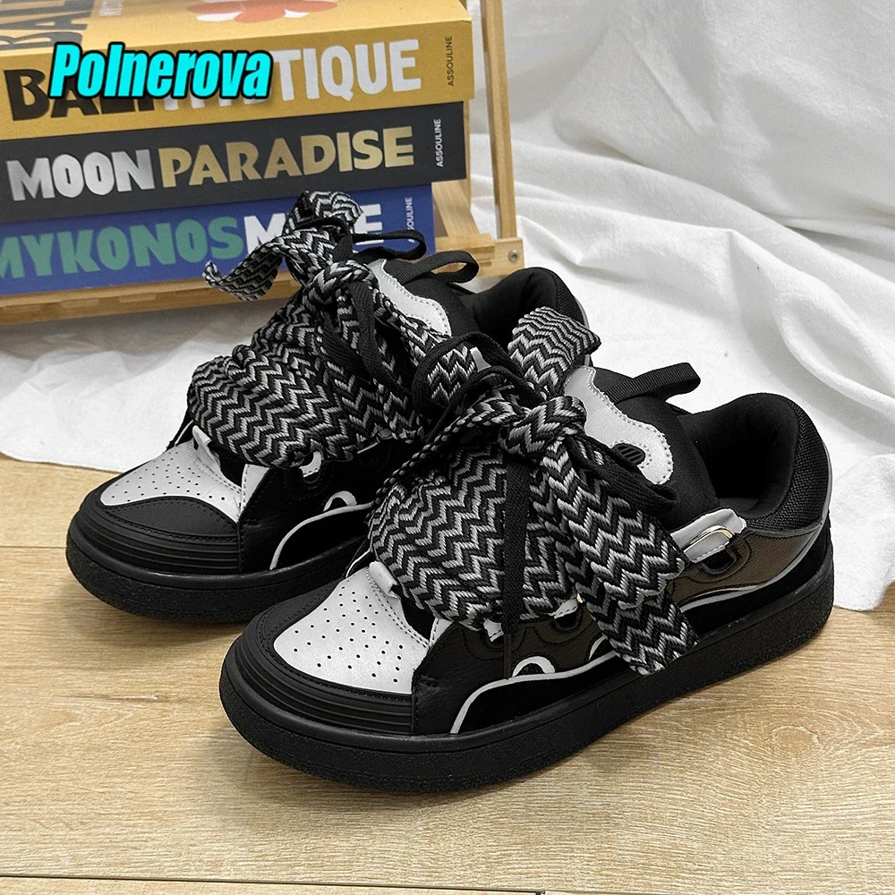 Black White Mixed Colors Couple Casual Sneakers Novelly Reflective Thick Sole Lace-Up Walking Shoes Breathable Women Men Shoes