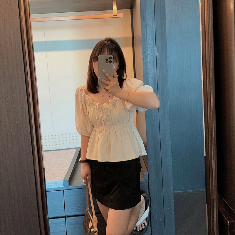 

Sweet Sle Birdie Tiny irt Bow Waist Bubble Sve Versatile Youthful Design Korean Summer ort Sve Women's Blouse