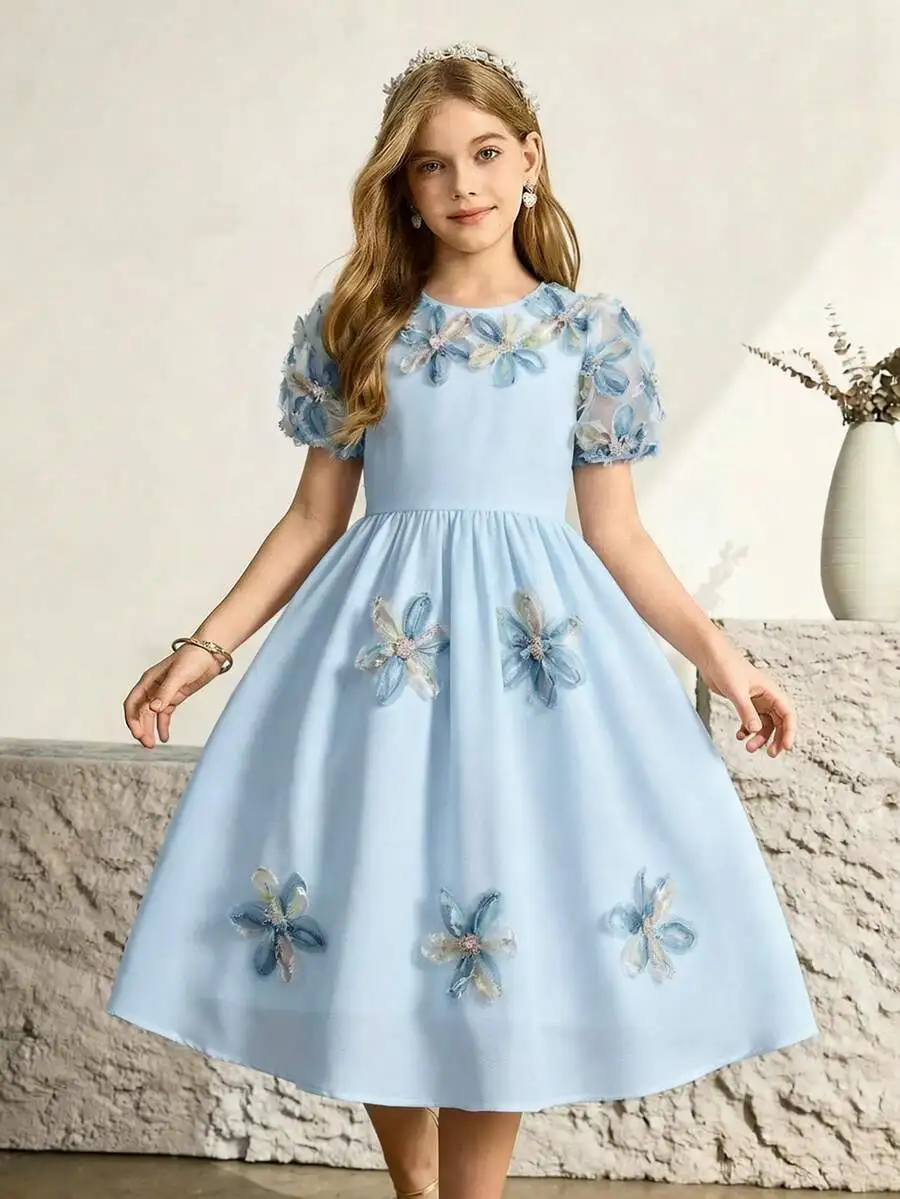 

Womens Elegant Bubble Short Sleeve Round Neck Waist Cinched Princess Dress Spring Summer Casual