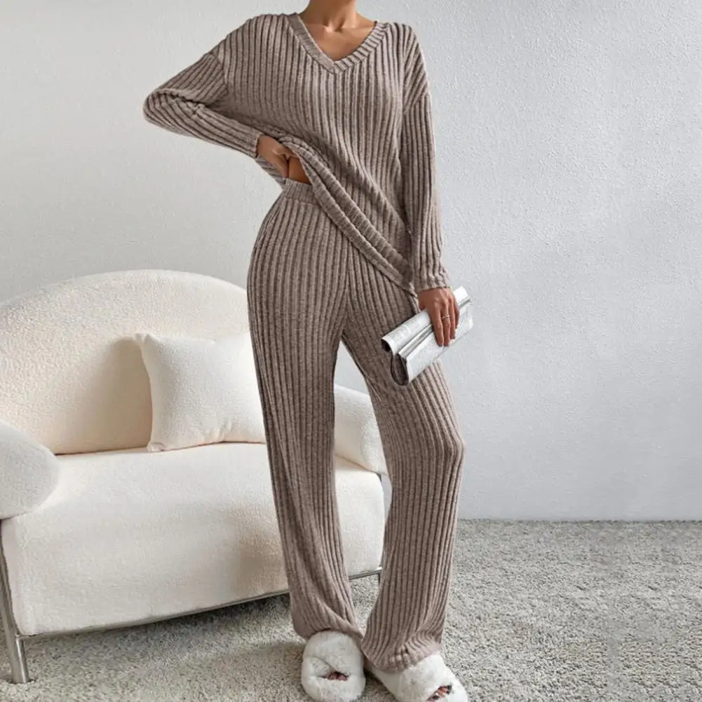 Women Pajamas Set Women\'s Knitted V-neck Top Wide Leg Trousers Set for Fall/winter Casual Wear Cozy Pajamas Set with High Waist