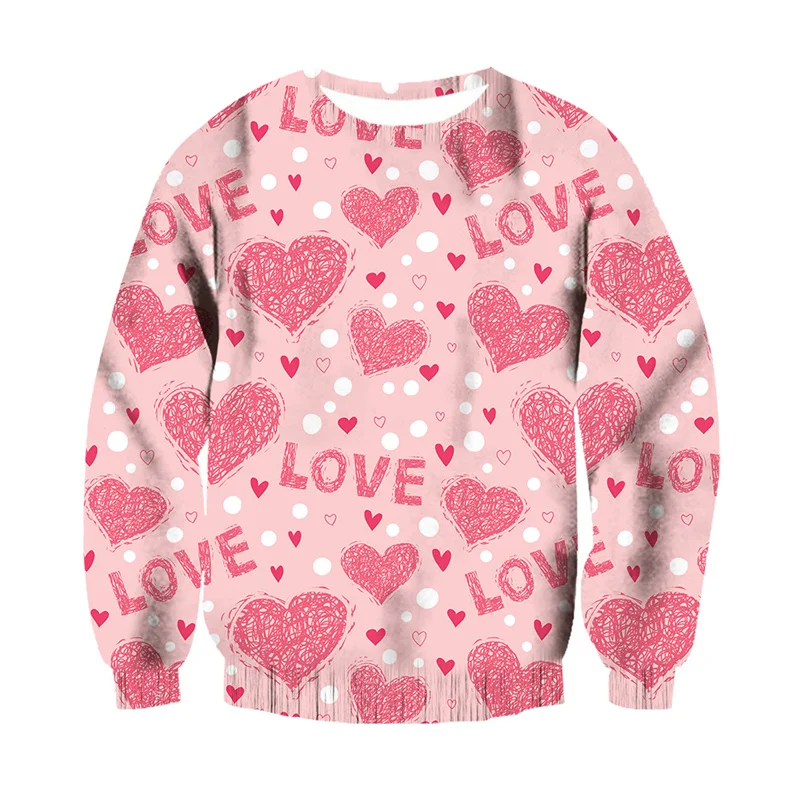 3D Printed Love Hearts Sweatshirt Men Women Flower Graphic Pullover Hoodie Long Sleeved Tops Couple Oversized Round Neck Hoodies