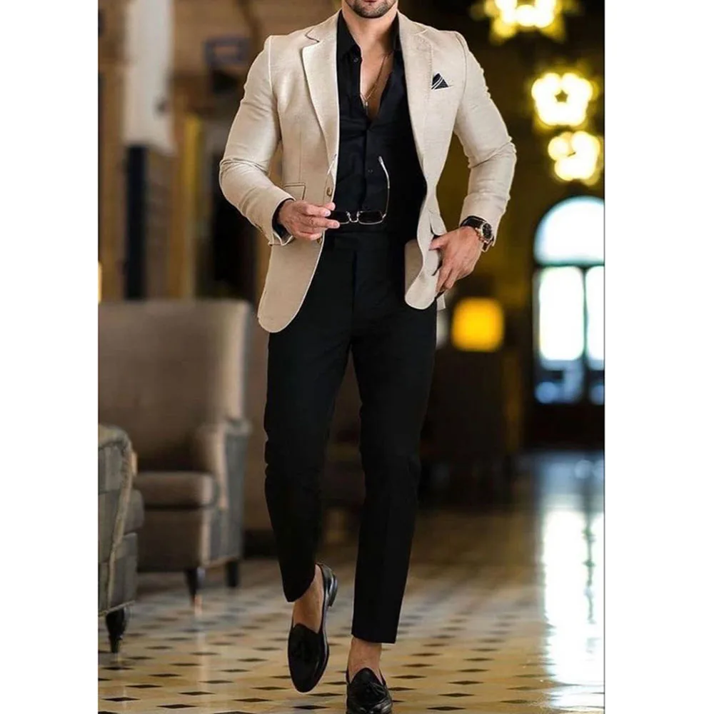 Elegant Suits for Men Single Breasted 2 Pieces Khaki Jacket Black Pants Male Clothing Slim Fit Office Banquet Costume Homme