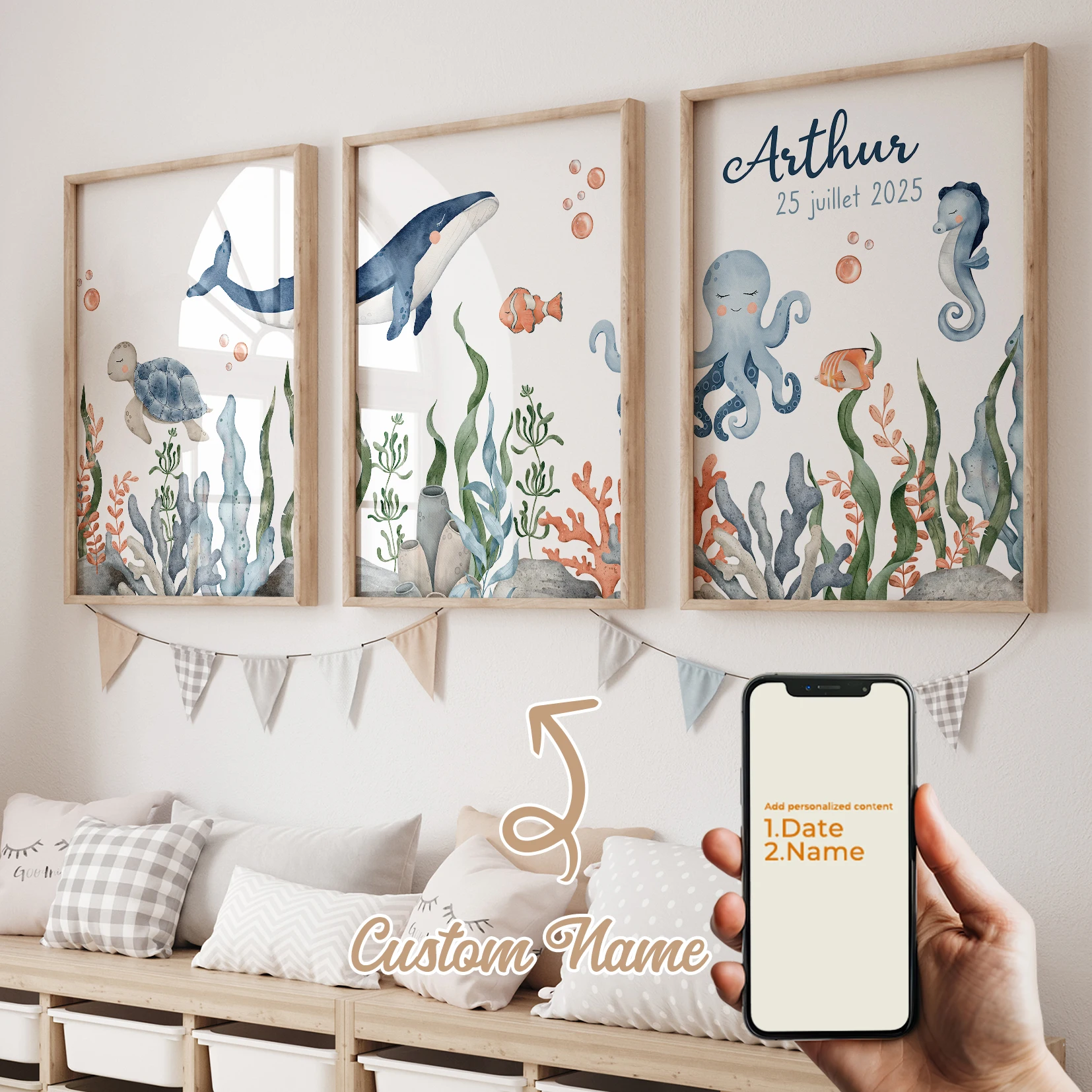 3pcs Personalized Custom Name Animal Octopus Wall Art Print Picture Canvas Poster Painting For Living Room Home Decor