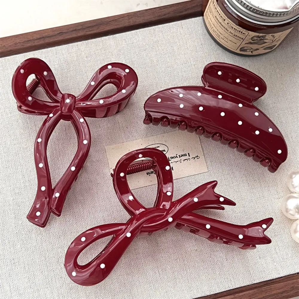 French High-End Wine Red Polka Dot Shark Clip Sweet Hair Clip Back Of The Head Plate Hair Clip Clip