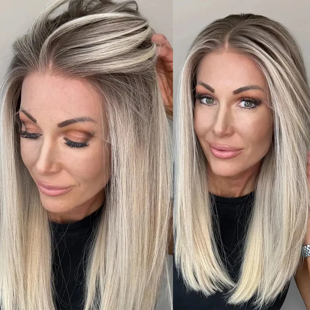 13x4 Ash Platinum Blonde HD Synthetic Lace Front Wig Ombre Ash Roots Glueless 16 Inch Long Bob Natural Looking Wig for Women