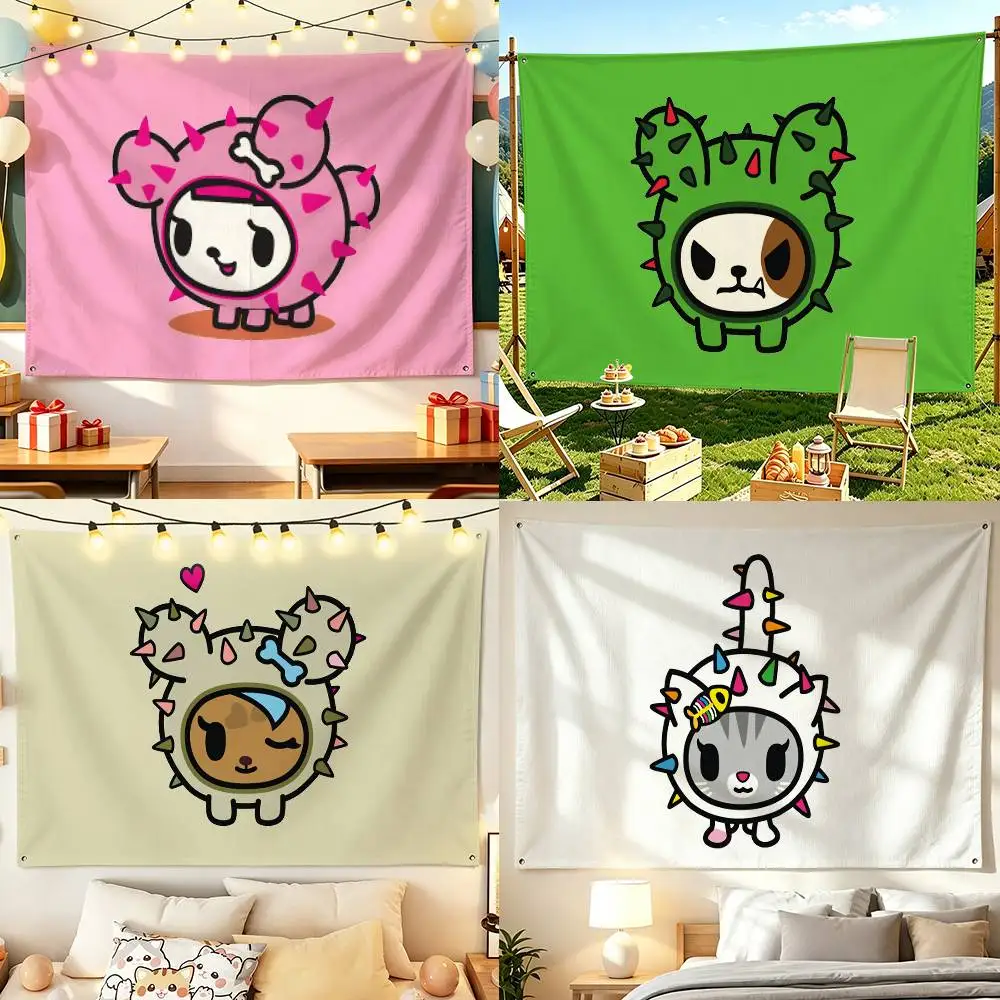 Cute C-Cactus Friends PupS Cartoon T-TokidokiS Horizontal Wall Hanging Tapestry Flag Banner Home Background Decor