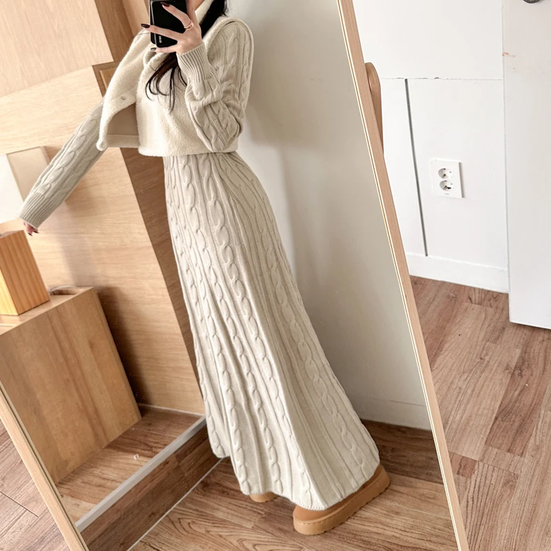 Chic Korean Autumn Winter Knitted Long Sweater Dress Elegant Women Round Collar Twisted Thick Warm Loose A Line Maxi Vestidos