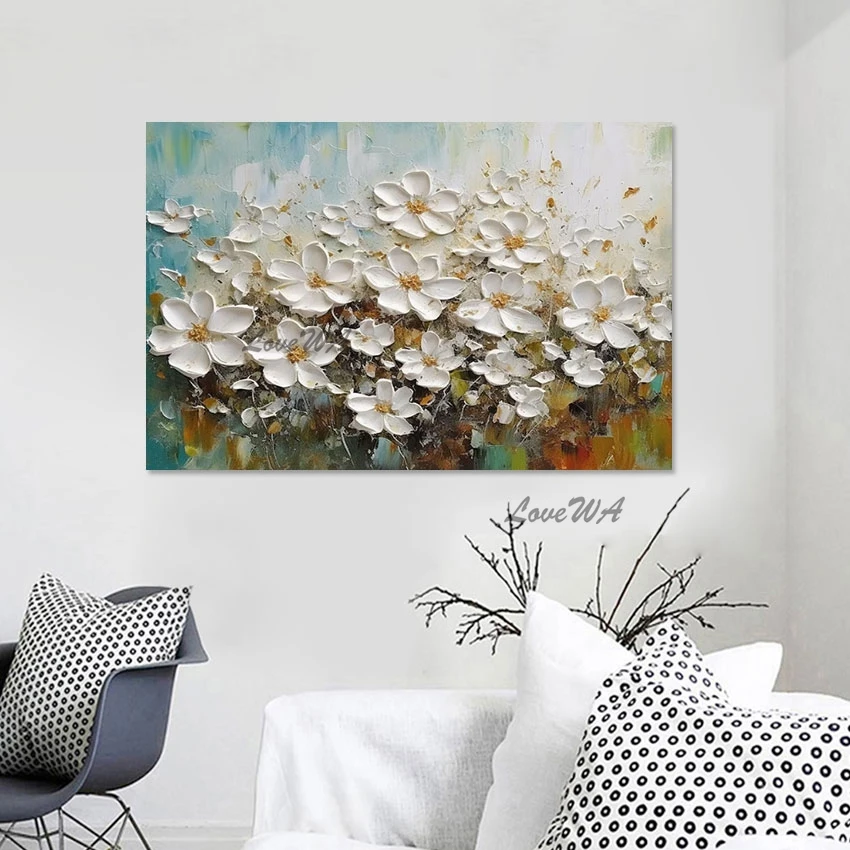 Handpainted Wall Picture For Bedroom Knife Art White Simple Thick Textured Abstract Flower Painting Home Decoration Objects