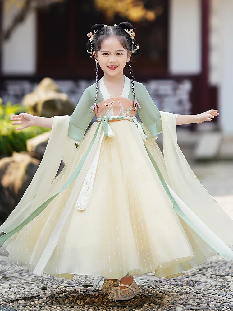 

Spring Chinese Traditional Kids Chiffon Tang Suit Embroidery Girls Lovely Ancient Hanfu Children Perform Costumes