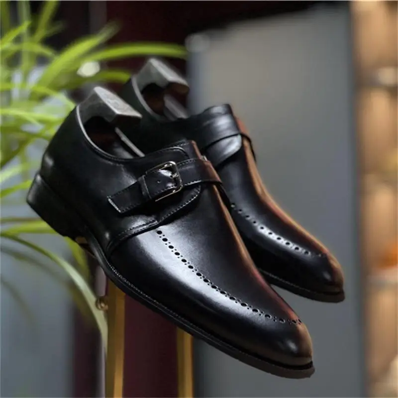 Men Classic Monk Shoes Handmade Leather Square Toe Belt Buckle Breathing Hole Fashion Business Casual Daily Men Shoes