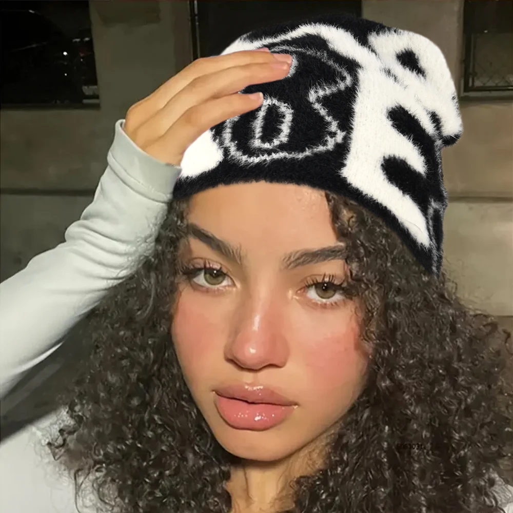 FURTALK Winter Y2K Letter Pattern Furry Knit Beanie Hat for Women Knit Fashion Slouchy Beanies Skull Warm Cap