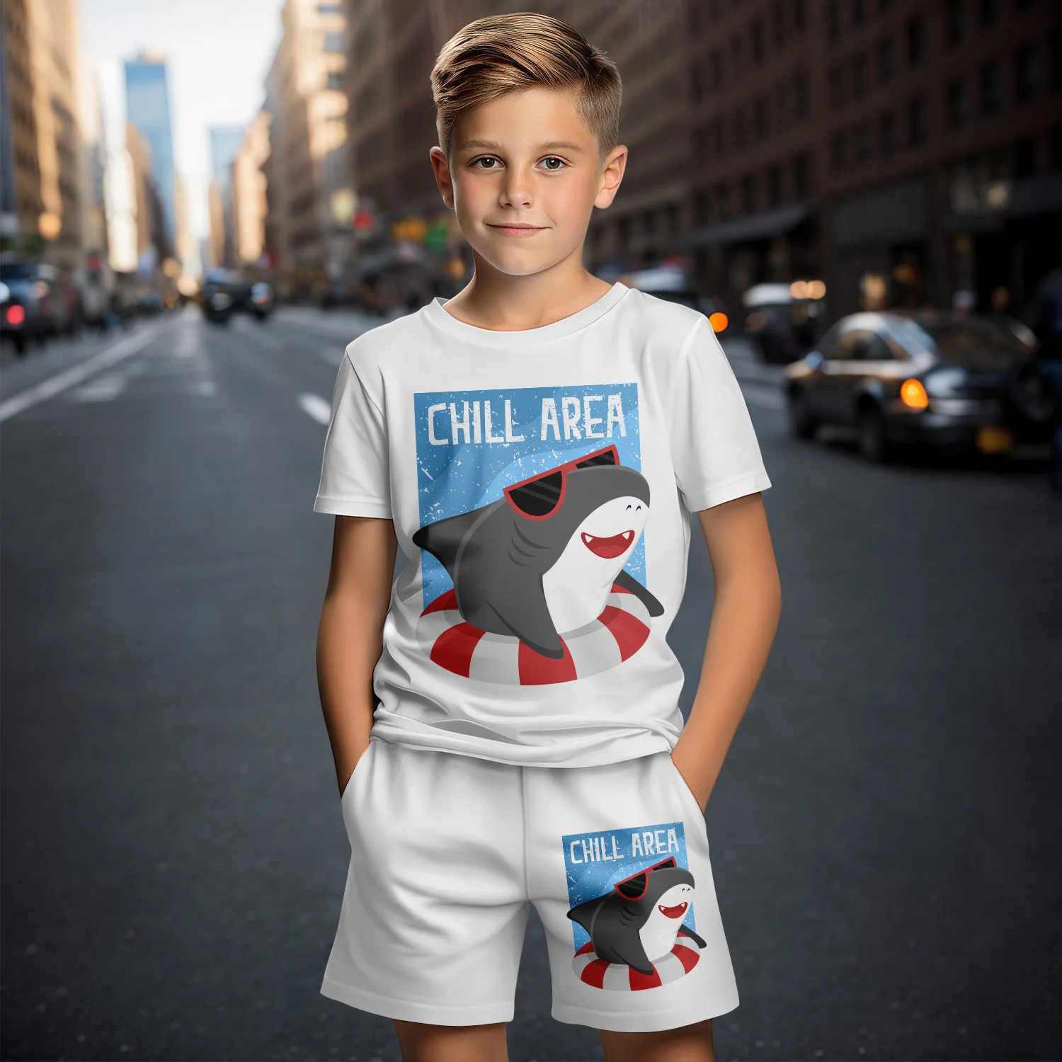 Children's set, boys' animal shark 3D printed clothing set, boys' summer short sleeved sports fashion, children's lightweight br