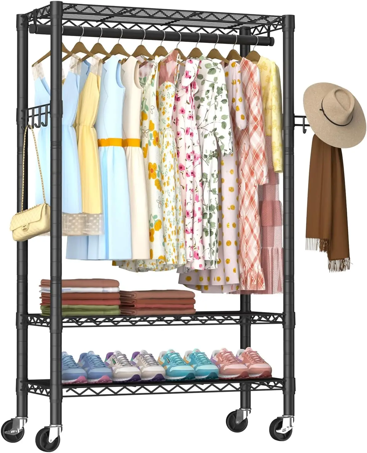 

Heavy Duty Clothes Rack Rolling Garment Rack,3 Tier Adjustable Wire Shelving Clothing Racks for Hanging Clothes with Hanger R