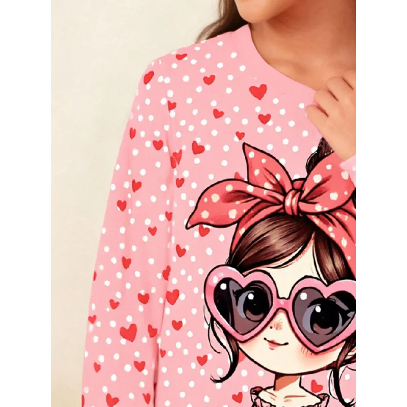 2026 Girls Cute Pink Heart Print T-Shirt for Kids Fashionable Casual Short Sleeve Top in Soft Comfortable Material