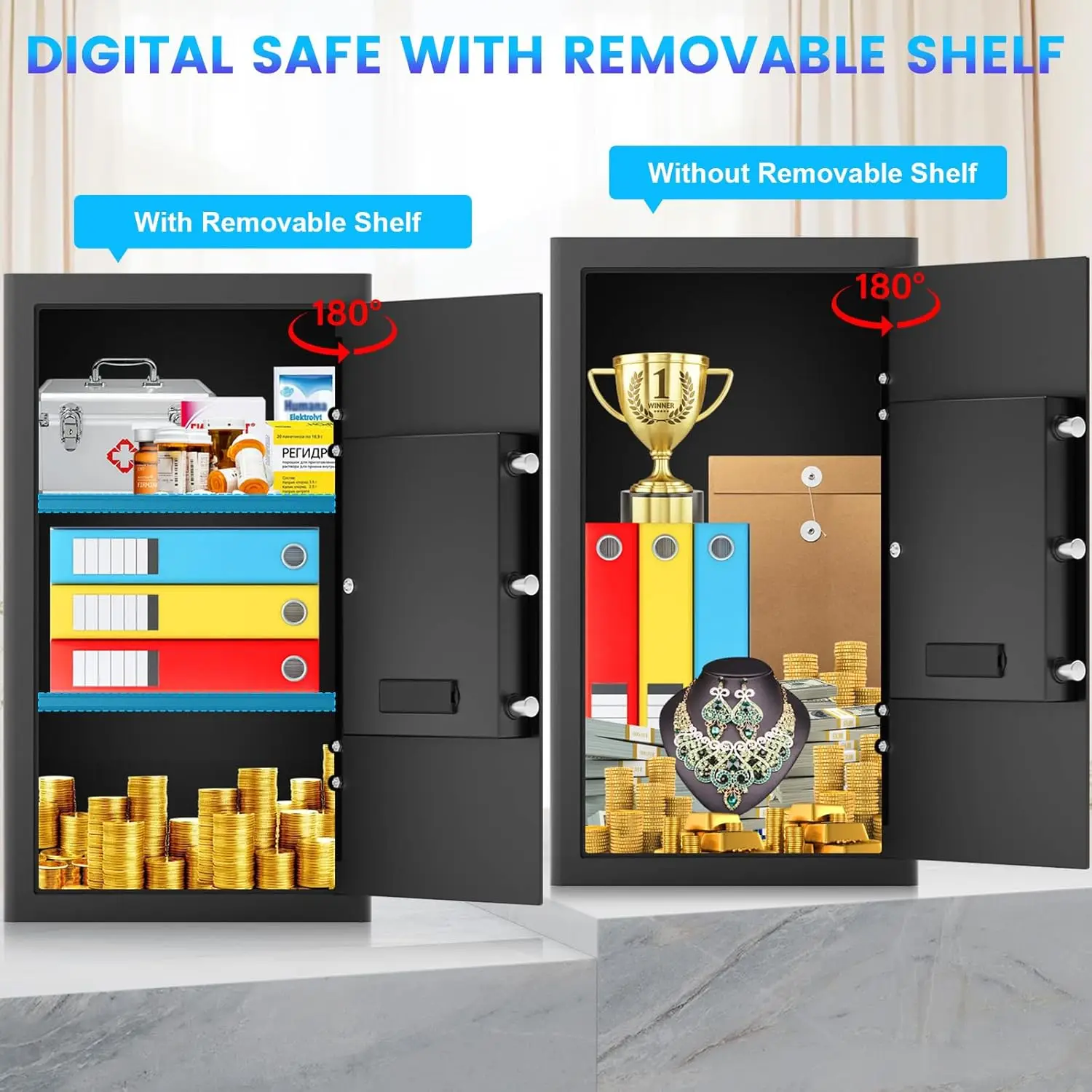 Safe Box, 4.3 Cuft Home Safe with Fireproof Waterproof Bag, Anti-Theft Digital Security Safes with Smart Alert System, Removable