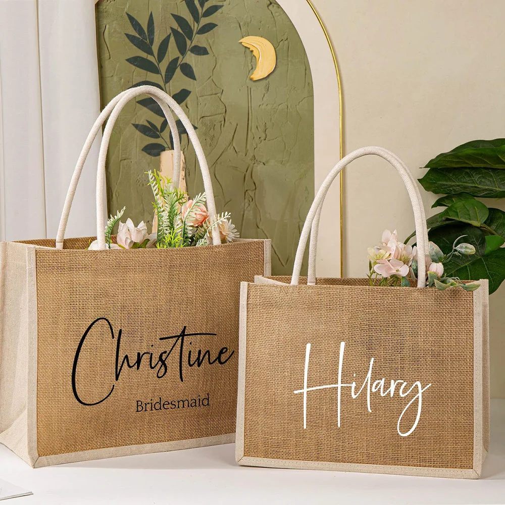 Large Capacity Linen Tote With White Sides Custom Name For Bridesmaid Reusable Shopping Bag For Women Daily