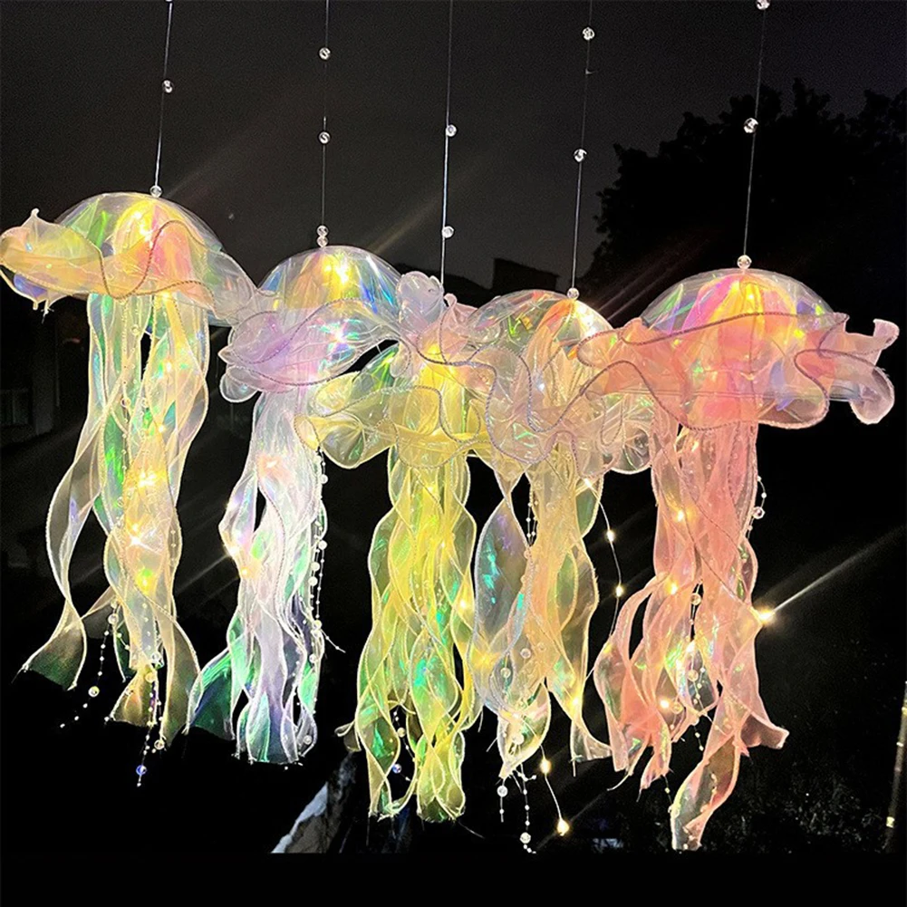 5PCS Jellyfish Bedroom Light Lamp Button Battery Hanging Ceiling Lantern Realistic with Ribbon&Bead for Children Bedroom Deco