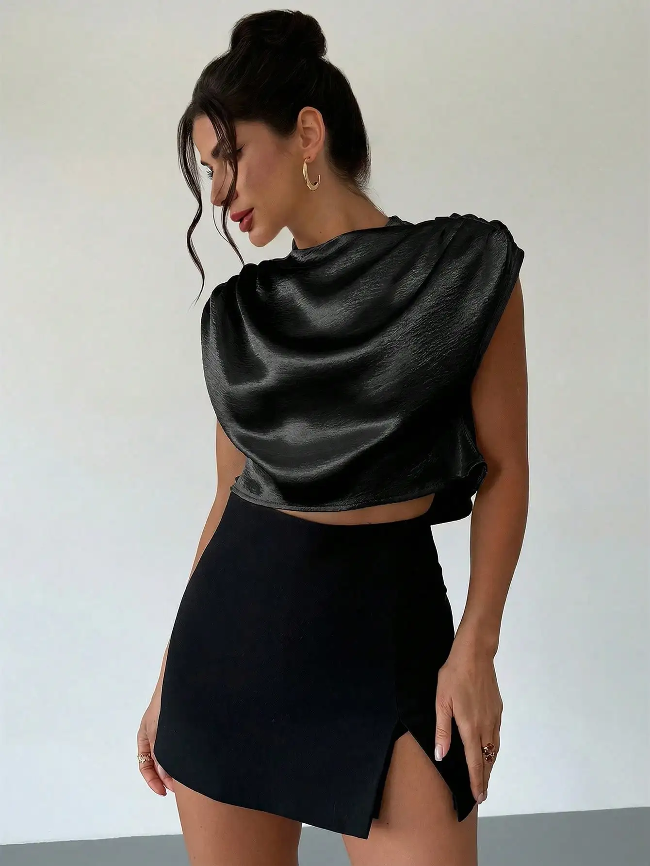 

Блузки Firerie для женщин: однотонная женская блузка с воротником-стойкой и плиссировкой, повседневная, элегантная, с рукавами-крылышками и драпировкой