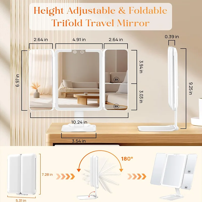 مرآة زينة مضيئة ثلاثية ، مرآة ماكياج بشاشة تعمل باللمس ، مرآة مكياج ضخمة ، 22 مصباح ليد ، 1X ، 2X ، 3X #3