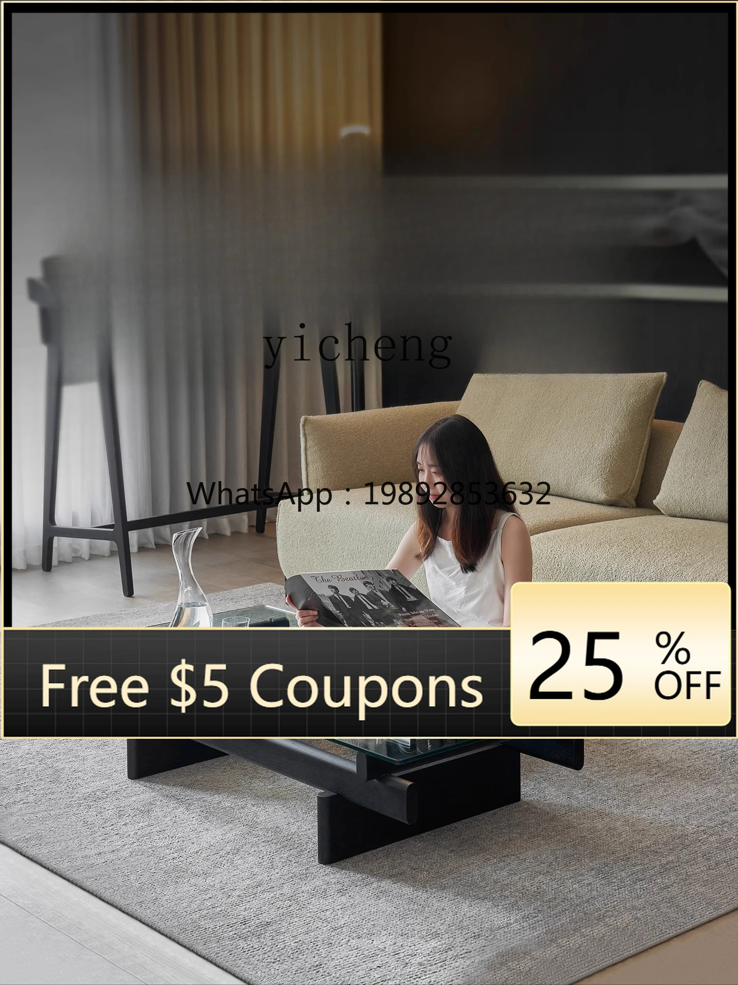 

EE coffee table black oak modern simple tea table living room solid wood glass tea table