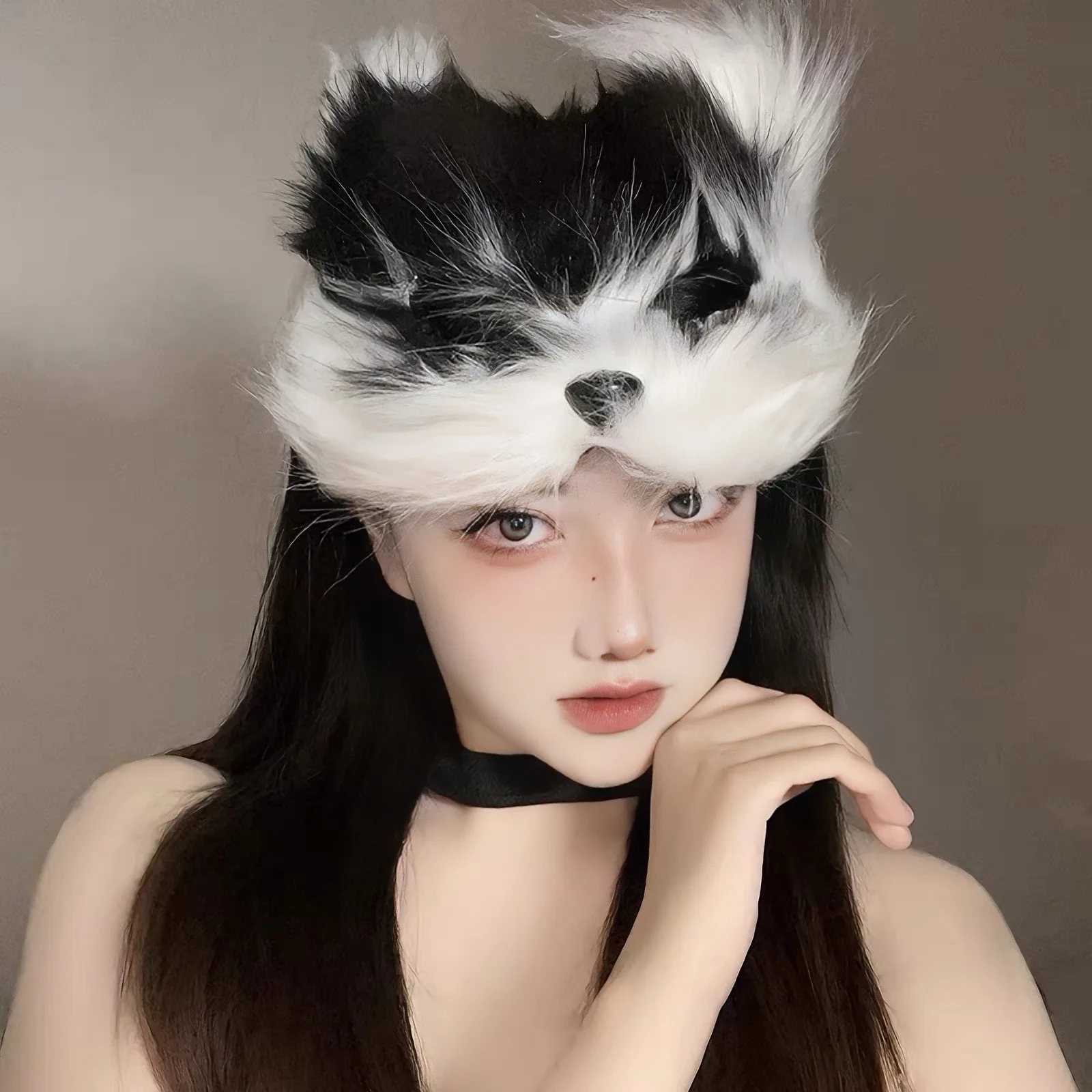 Cute Faux Fur Fox Tail Cat Wolf Cosplay Set Plush Mask Fluffy Paw Gloves for Halloween Christmas Party Plush Props Accessories view 3