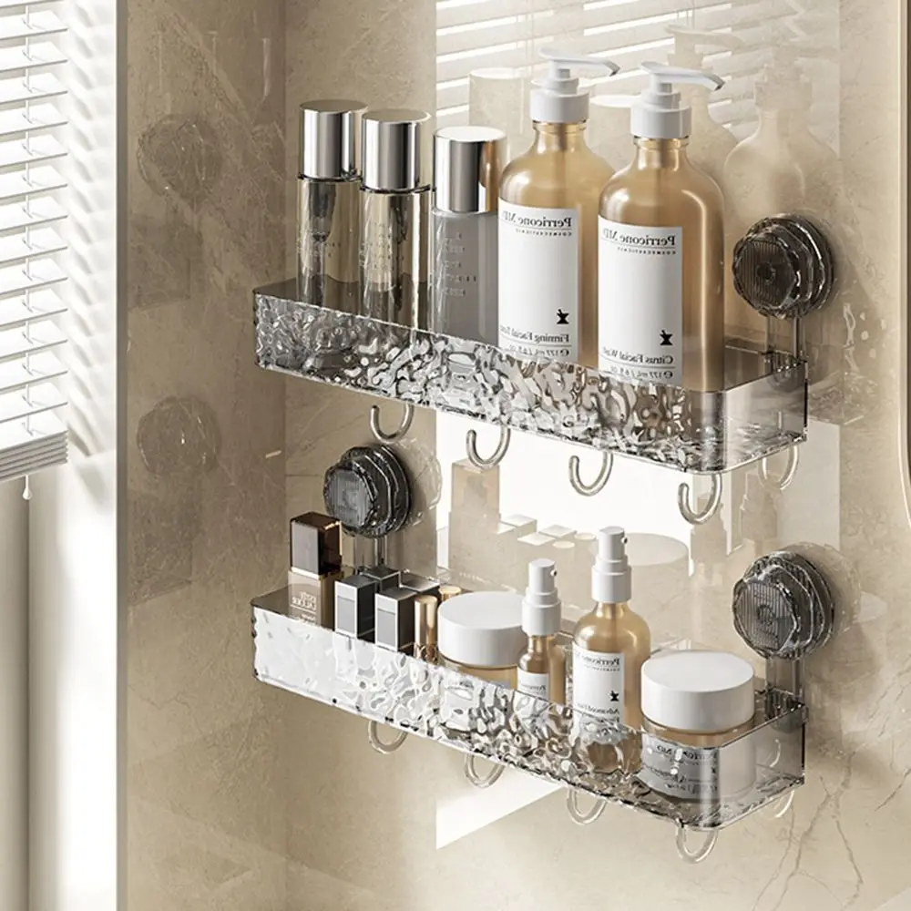 Clear Suction Cup Storage Basket Light Luxury Glacier Pattern Shower Storage Rack Removable with 4 Hooks