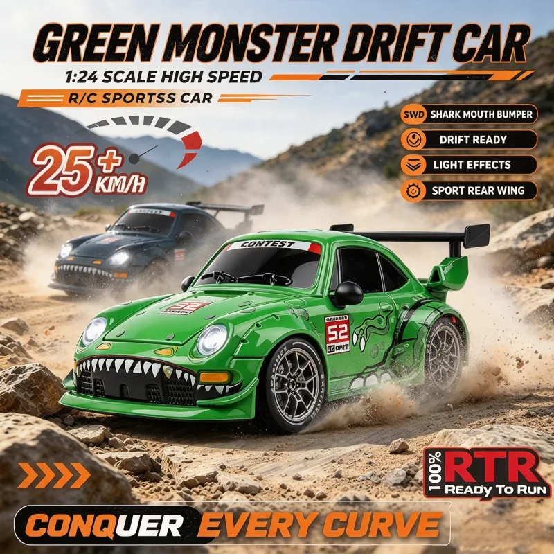 1:24 Scale Green Monster RC Drift Car 25KM H High Speed Remote Control Sport Car With Light Effect Rear Wing Drift Hobby ToyGift