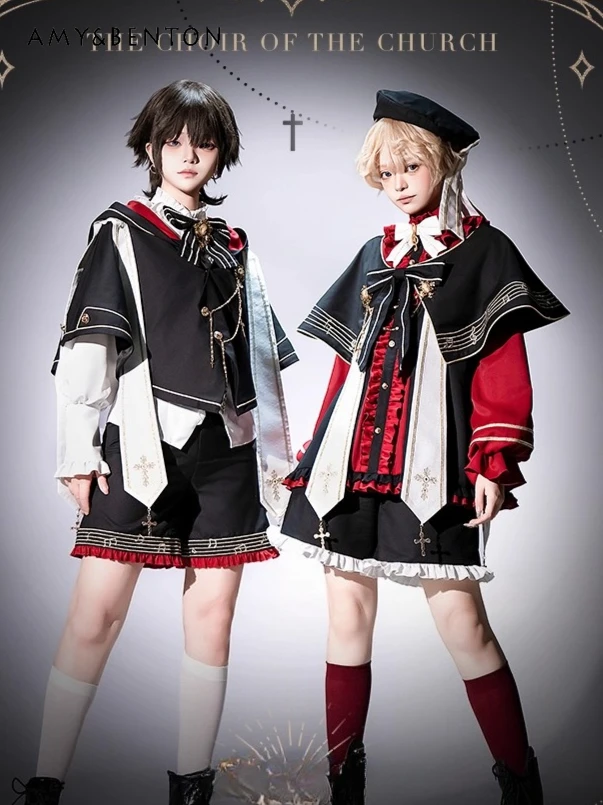 

Japanese Subculture Gothic Cosplay Prince Sets Lolita Punk Style Cloak Shawl Retro Long Sleeve Shirt Embroidery Shorts Outfits