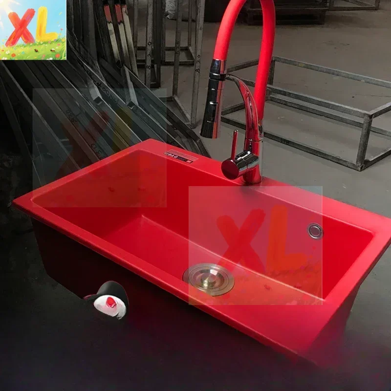 

Positive red quartz stone sink colored pool kitchen set with refined copper pumping faucet vegetable basin under the counter cus