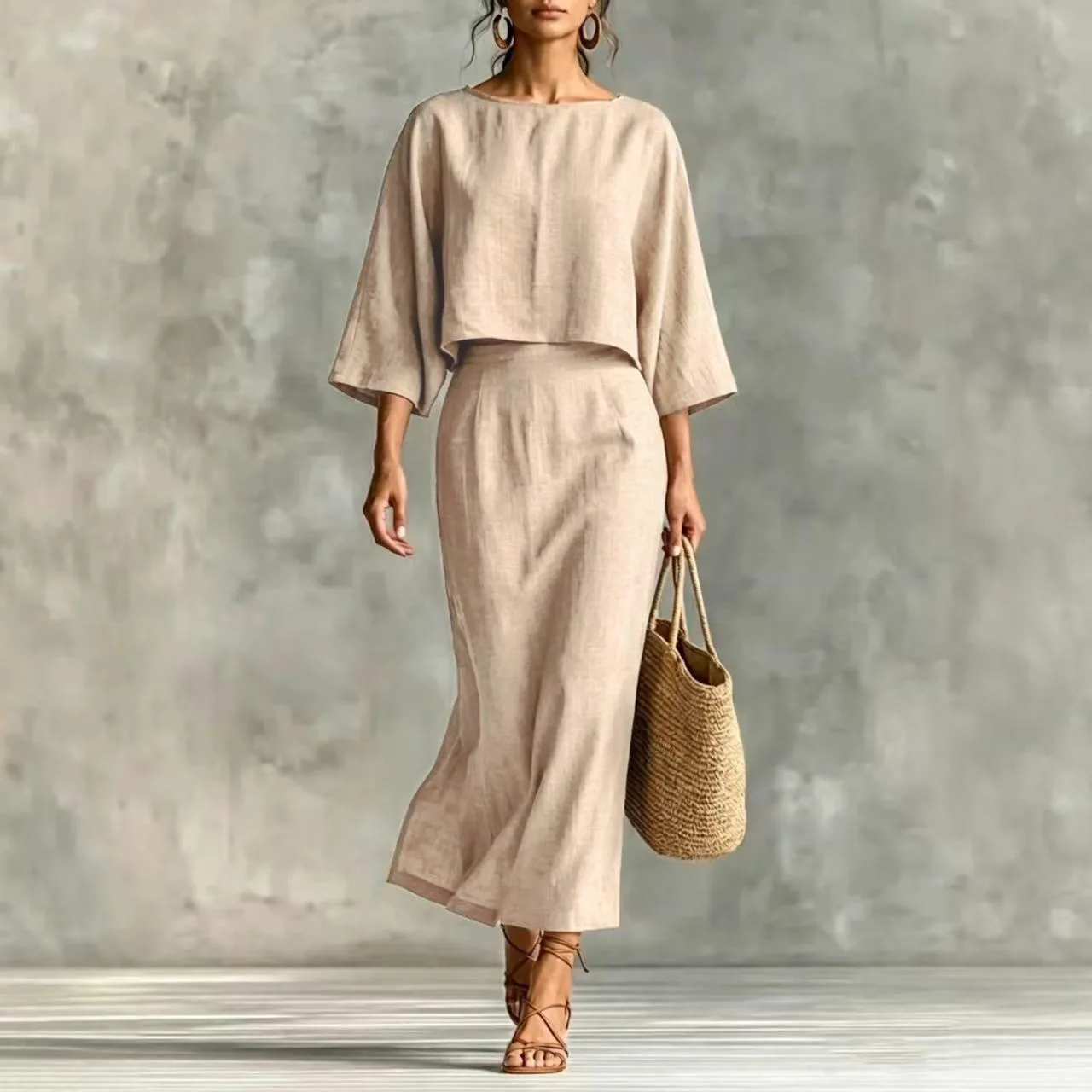 Women 2 Piece Outfit Sets Solid Casual Loose Top High Waist Midi Skirt Matching Suit Elegant Office Holiday Two Piece Skirt Set image 3
