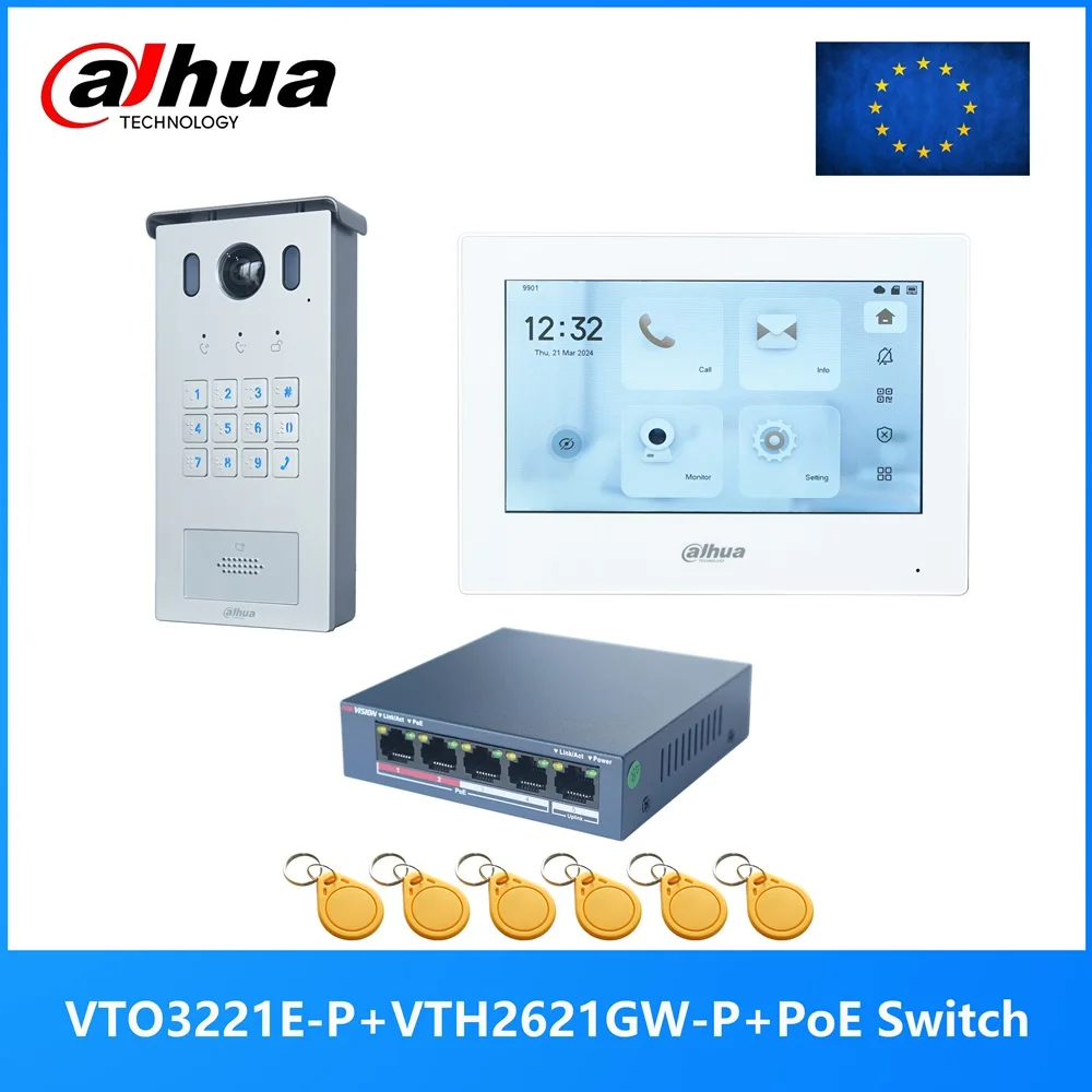 Dahua Password code unlock IP Video Intercom KIT,VTO3221E-P & VTH2621GW-P & PoE switch,support SIP