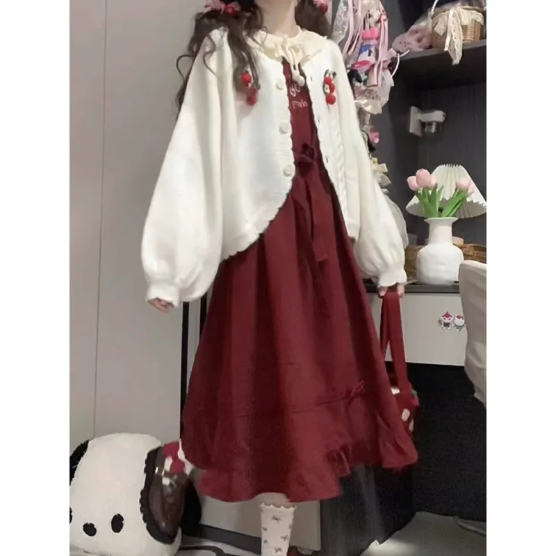 

​​Kawaii Milk Tea Set 2025 Cherry Knit Cardigan Bow Suspenders Dress Coordinated Scholarly Sweet 3PC Essential​​