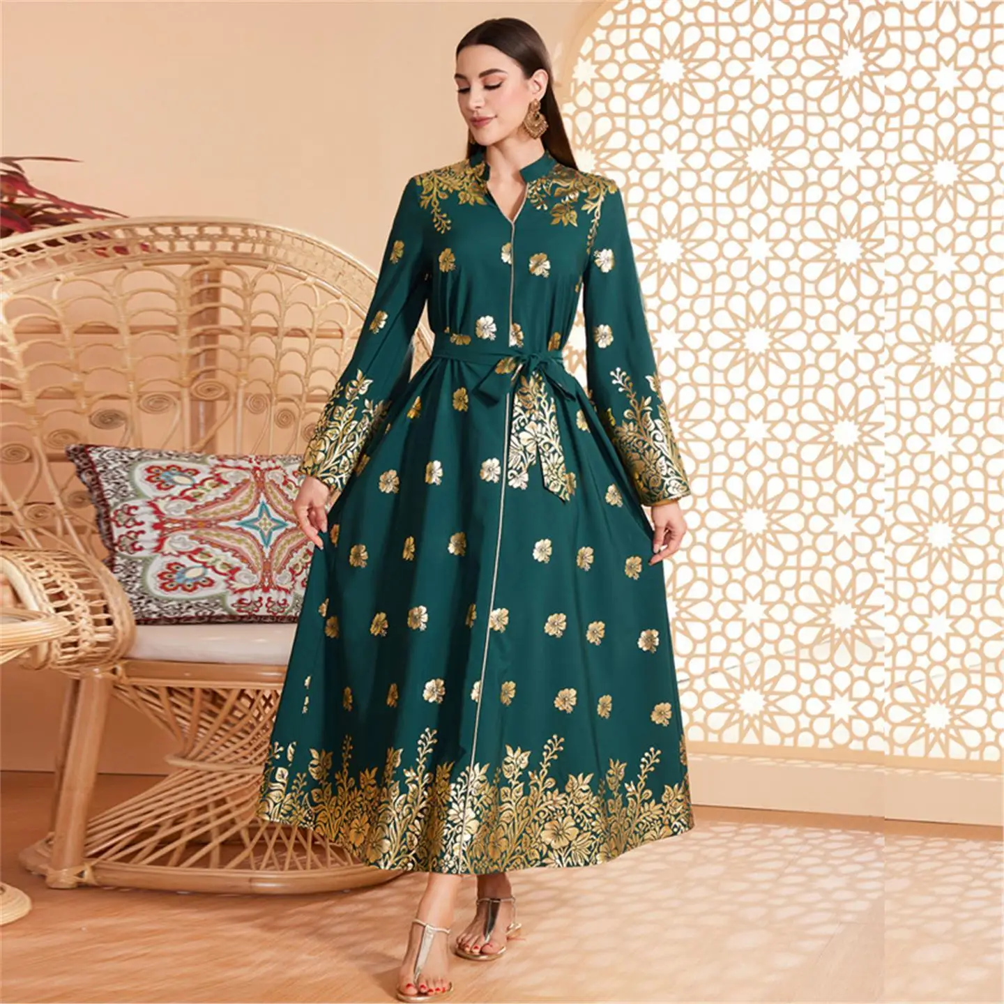 Fashionable V-Neck Long Dress Four-Sided Elastic Gold Embossed Dress Classical Style A-Line Skirt Long Sleeve Casual Wear
